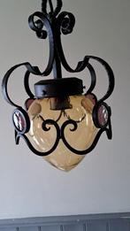 Antieke hanglamp smeetijzer glas in lood, Ophalen of Verzenden