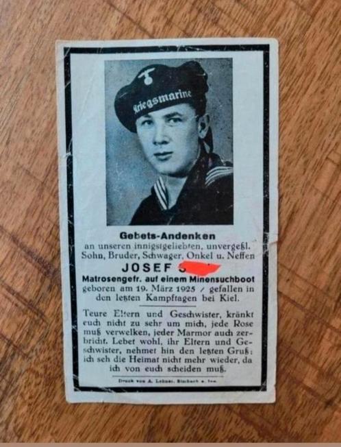 Sterbebild WW2 Matroos duitse Mijnenruimer Kriegsmarine Kiel, Verzamelen, Bidprentjes en Rouwkaarten, Bidprentje, Ophalen of Verzenden
