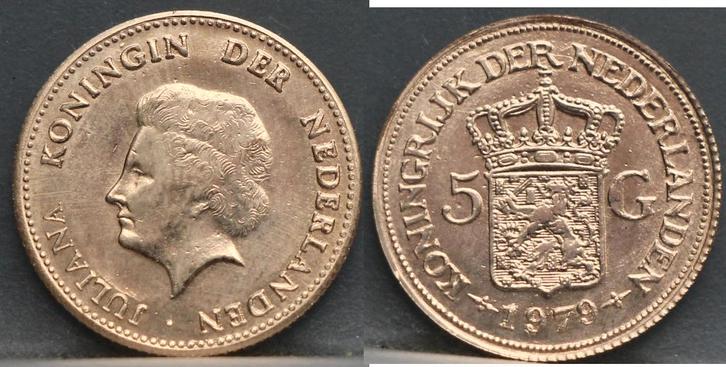 Gouden 5 gulden 1979 70e verjaardag Juliana 14 karaat goud, Postzegels en Munten, Munten | Nederland, Losse munt, 5 gulden, Koningin Juliana