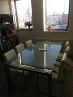 Glazen tafel met bijpassende leren stoelen, Huis en Inrichting, Ophalen, 50 tot 100 cm, Vijf personen of meer, 150 tot 200 cm