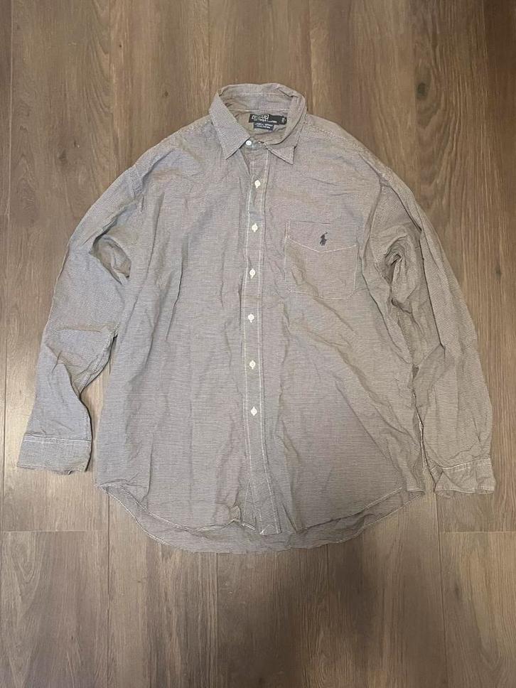 Ralph Lauren Overhemd L Grijs/Wit Gestreept Donkerblauw Logo, Kleding | Heren, Overhemden, Zo goed als nieuw, Halswijdte 41/42 (L)