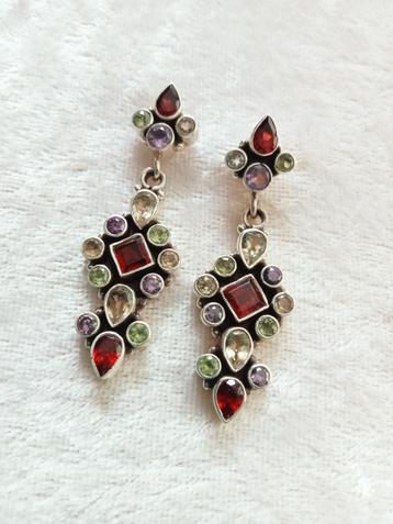 Mooie Lange Zilveren Oorstekers met Citrien - Granaat - Pe  beschikbaar voor biedingen