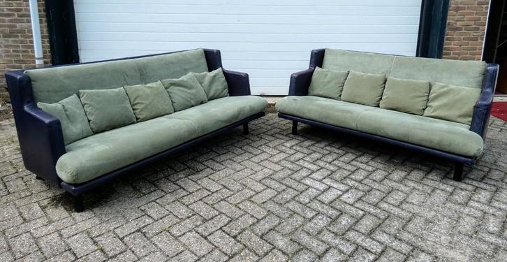 Bankstel banken leer alcantara 2,5 en 3 zits paars groen., Huis en Inrichting, Banken | Complete zithoeken, Gebruikt, Leer, Stof