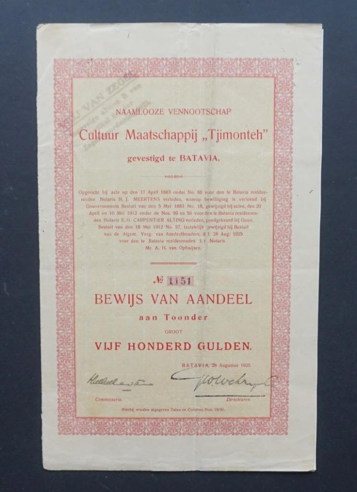 Cultuur Maatschappij Tjimonteh (Kina/Ned.Indie) Batavia 1925, Postzegels en Munten, Aandelen en Waardepapieren, Aandeel, 1920 tot 1950