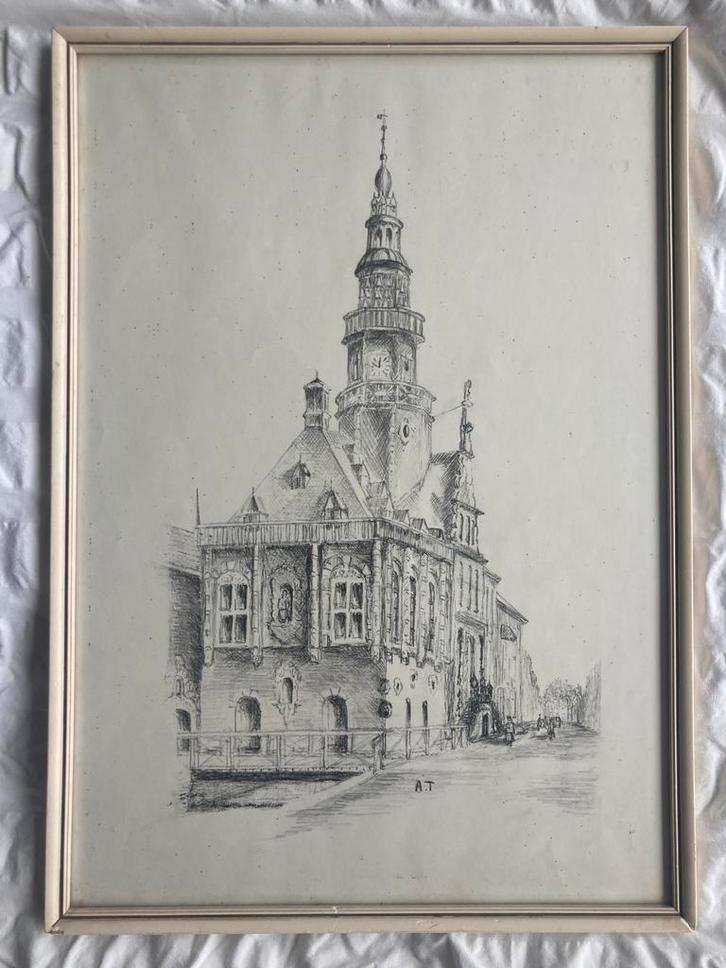 Tekening van Stadhuis van Bolsward, Antiek en Kunst, Kunst | Tekeningen en Foto's, Ophalen