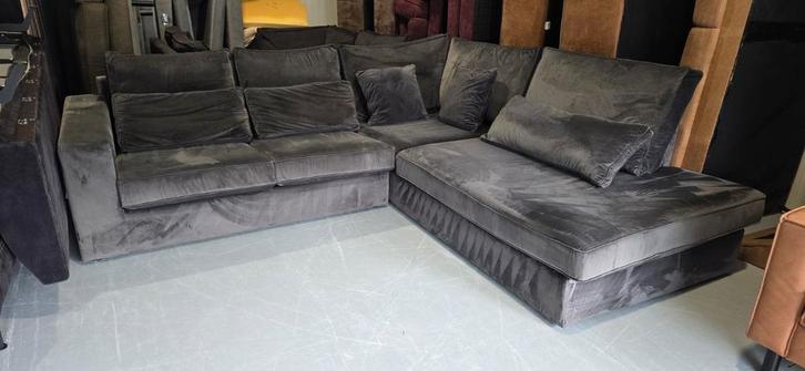 Antraciet Velvet Hoekbank - 2 Delen, Huis en Inrichting, Banken | Sofa's en Chaises Longues, Gebruikt, Vierpersoons of meer, 300 cm of meer