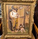 Vintage Schilderij Jongen met Hond in Gouden Lijst, Ophalen of Verzenden