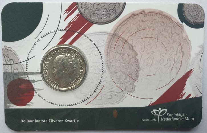 Coincard 80 jaar afscheid zilveren kwartje 1943 PE, Postzegels en Munten, Munten | Nederland, Losse munt, 25 cent, Koningin Wilhelmina