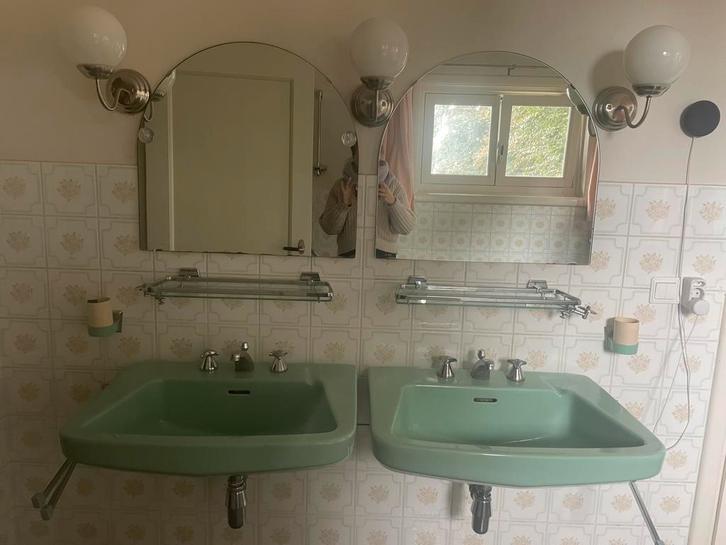 Retro Mintgroene Wasbak Combinatie, Huis en Inrichting, Badkamer | Badkamermeubels, Gebruikt, Wasbak of Wastafel, 100 tot 150 cm