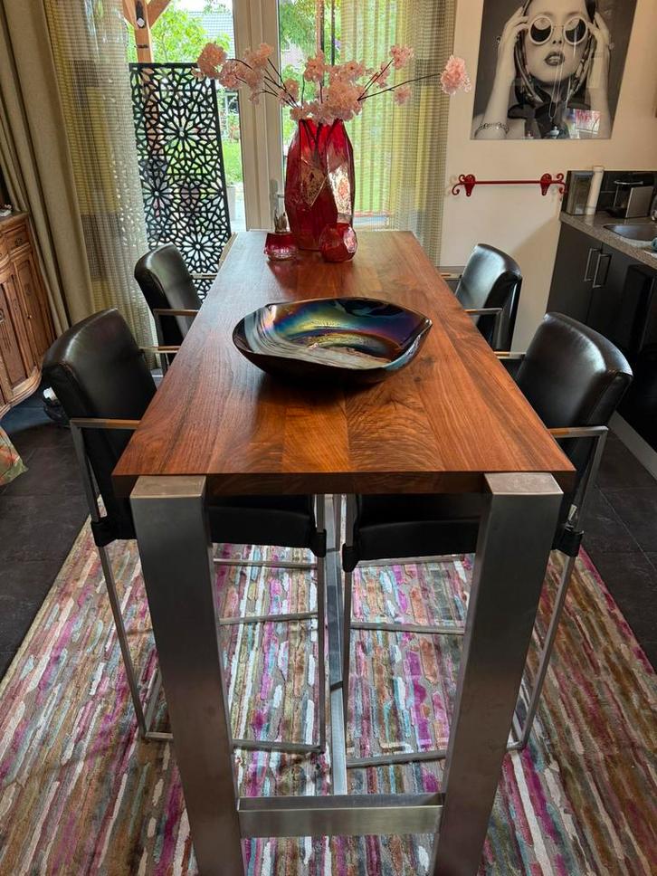 Hoge eettafel met stoelen/krukken - ontwerper Bert Plantagie, Huis en Inrichting, Tafels | Eettafels, Zo goed als nieuw, 50 tot 100 cm