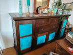 Vintage houten dressoir met turquoise panelen, Huis en Inrichting, Kasten | Dressoirs, Ophalen, Met deur(en), 150 tot 200 cm, Zo goed als nieuw
