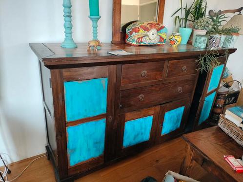 Vintage houten dressoir met turquoise panelen, Huis en Inrichting, Kasten | Dressoirs, Zo goed als nieuw, 150 tot 200 cm, 25 tot 50 cm