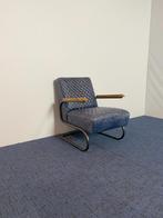 2 x Fauteuil, donkerblauw leder, antraciet frame