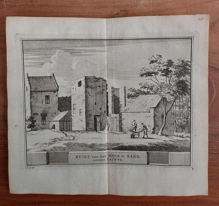 49 / Ruine van Huis te Sand bij Katwijk Gravure uit 1736, Antiek en Kunst, Kunst | Etsen en Gravures, Ophalen of Verzenden