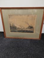 Antiek ingelijst havengezicht , een ets uit 1917, Antiek en Kunst, Kunst | Etsen en Gravures, Ophalen of Verzenden