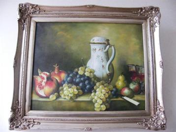 Schilderij Theepot, fruit, wijn - Olieverf, lijst zilver beschikbaar voor biedingen