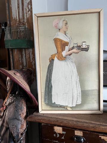 Chocolade meisje, afbeelding in oude houten lijst beschikbaar voor biedingen
