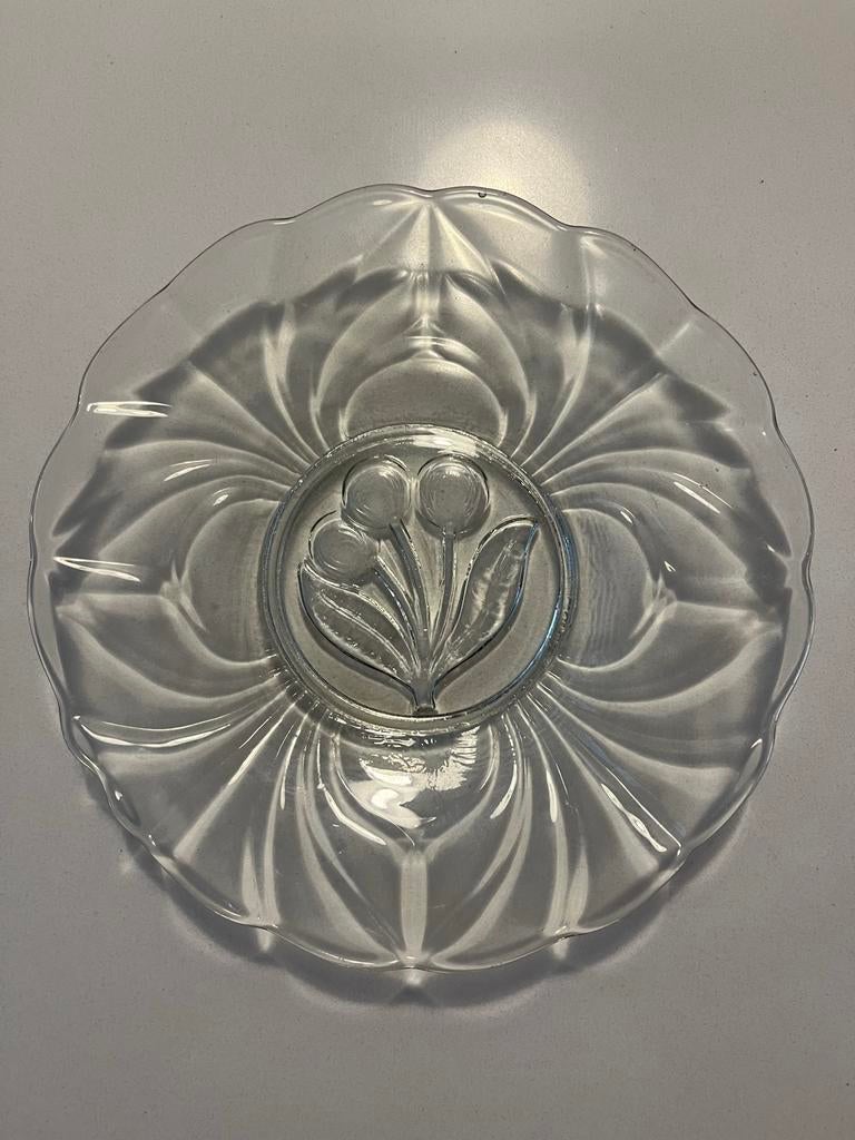 6 Glazen Gebaksbordjes met Bloemenmotief, Ophalen of Verzenden