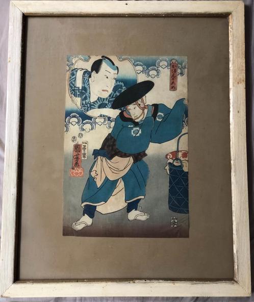 Japanse houtsnede in lijst Kuniyoshi Utagawa Snoepverkoper, Antiek en Kunst, Kunst | Etsen en Gravures, Ophalen of Verzenden