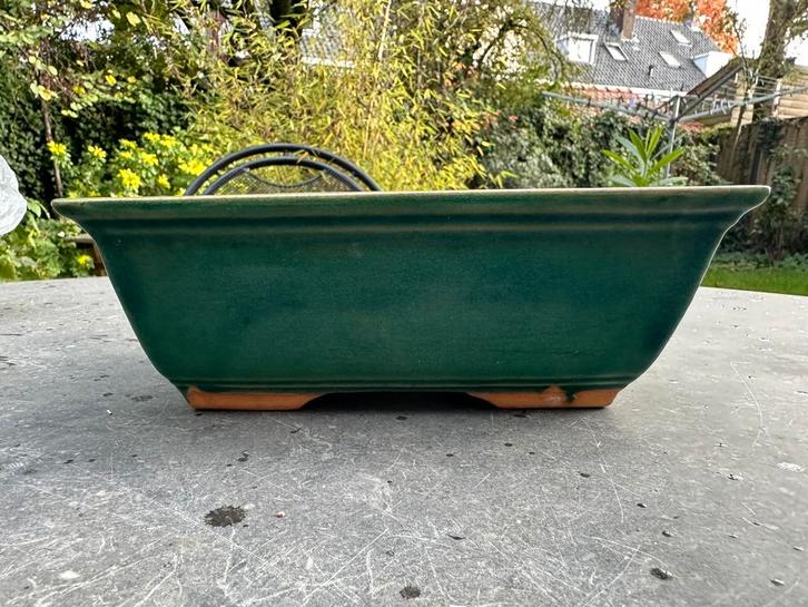 Groen geglazuurde bonsaipot, rechthoekig, Tuin en Terras, Bloempotten, Gebruikt, Aardewerk, Binnen, Balkon, Tuin, Minder dan 40 cm
