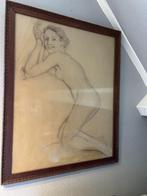 Zittend naakt tekening 60x48cm, in lijst 67x55cm, gesigneerd, Ophalen of Verzenden