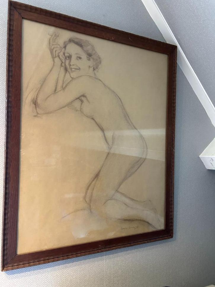 Zittend naakt tekening 60x48cm, in lijst 67x55cm, gesigneerd, Antiek en Kunst, Kunst | Tekeningen en Foto's, Ophalen of Verzenden