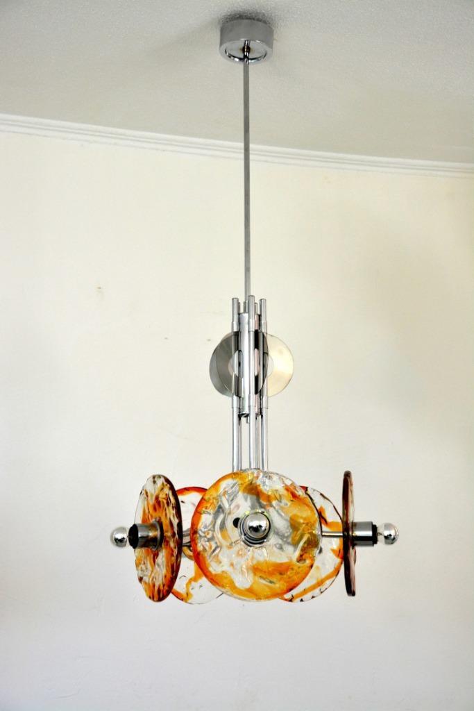 Retro vintage hanglamp, Toni Zuccheri 70s design amber glas, Huis en Inrichting, Lampen | Kroonluchters, Gebruikt, Glas, Metaal