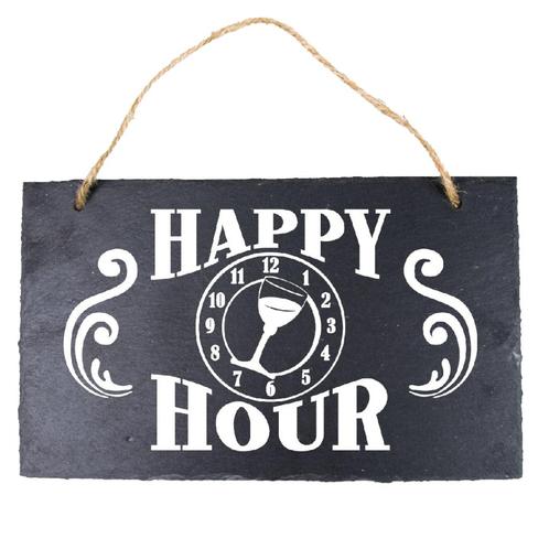 muurdecoratie - Leisteen Happy hour 15 x 25 cm steen zwart, Huis en Inrichting, Woonaccessoires | Tekstborden en Spreuken, Nieuw