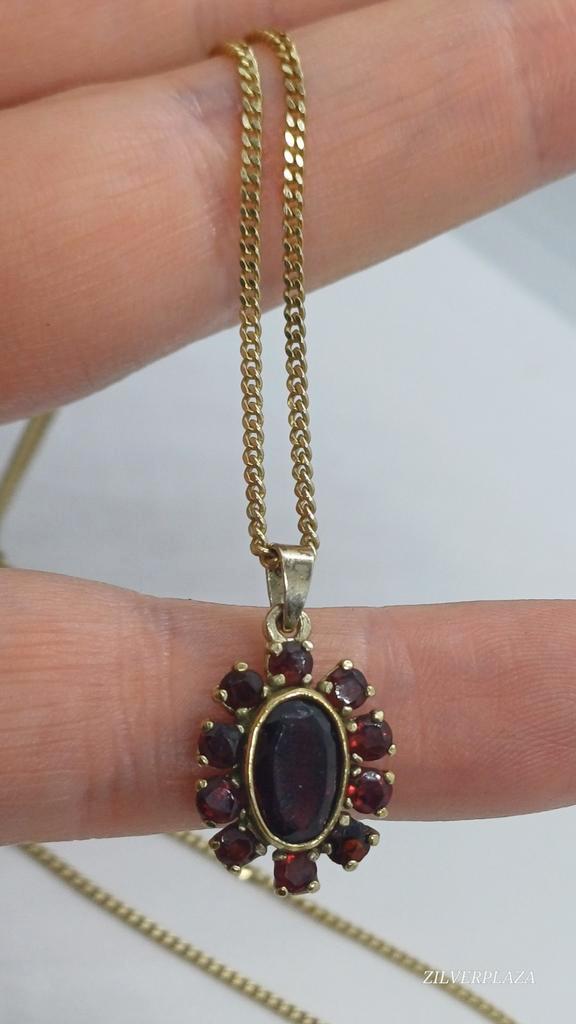 Goud Vergulde Zilveren Ketting met Granaat Hanger, Sieraden, Tassen en Uiterlijk, Kettingen, Zilver, Goud, Met edelsteen, Met hanger