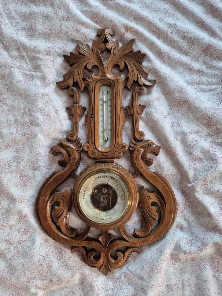 Antieke Houten Barometer & Thermometer, Audio, Tv en Foto, Weerstations en Barometers, Gebruikt, Barometer, Ophalen of Verzenden
