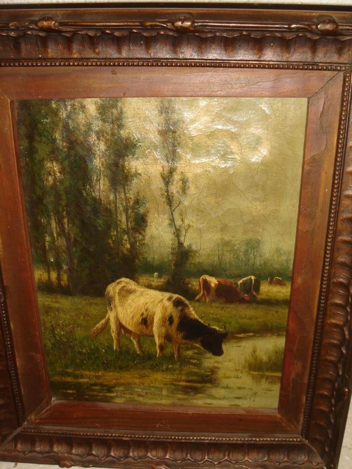 William Frederick Hulk (1852-1906 ), Cows drinking., Antiek en Kunst, Kunst | Schilderijen | Klassiek, Ophalen of Verzenden