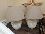 2 zware kruiklampen (betonlook) met taupe kap., Huis en Inrichting, Lampen | Lampenkappen, Ophalen, Zo goed als nieuw, Rond