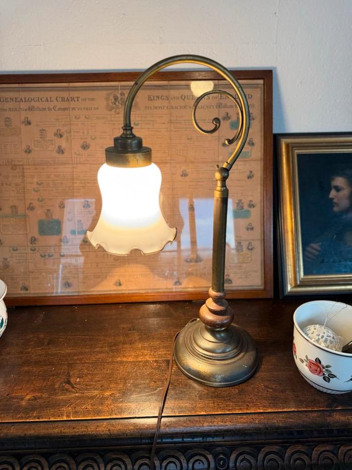 Bureaulamp met Glazen Kap, Huis en Inrichting, Lampen | Tafellampen, Gebruikt, Minder dan 50 cm, Glas, Ophalen