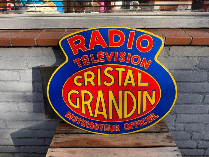 Vintage Radio Cristal Grandin Emaille Reclamebord, Antiek en Kunst, Antiek | Emaille, Ophalen