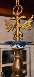 Delftsblauwe kroonluchter met koperen details, Ophalen, Zo goed als nieuw, Metaal, Brocante, Vintage