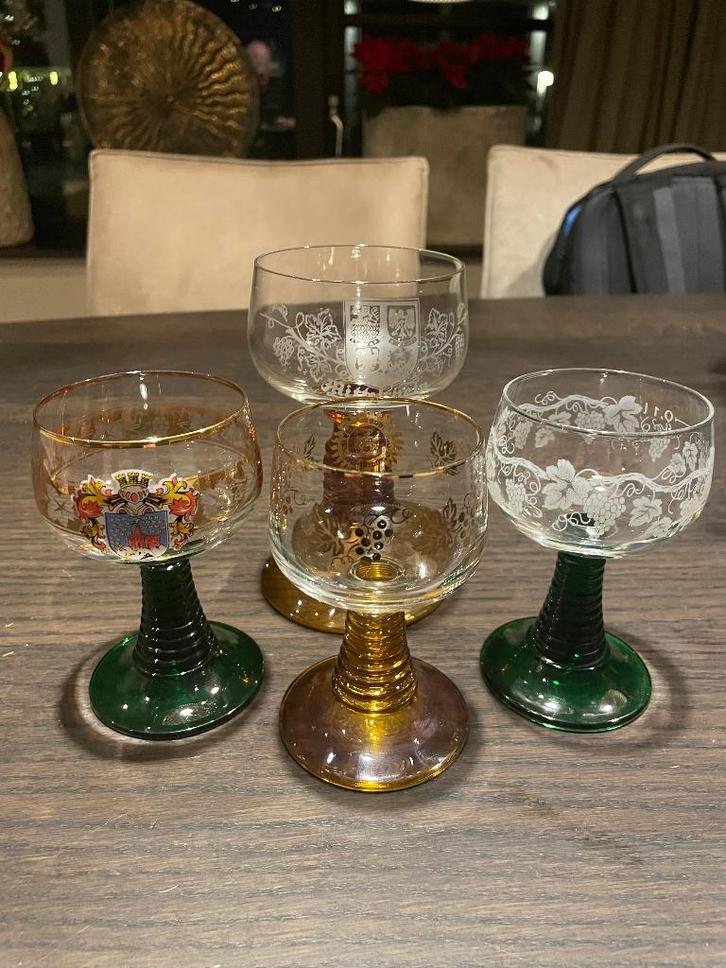 Roemer Wijnglazen | Groene & Amber Voet | Goud & Emaille, Antiek en Kunst, Antiek | Glas en Kristal, Ophalen of Verzenden