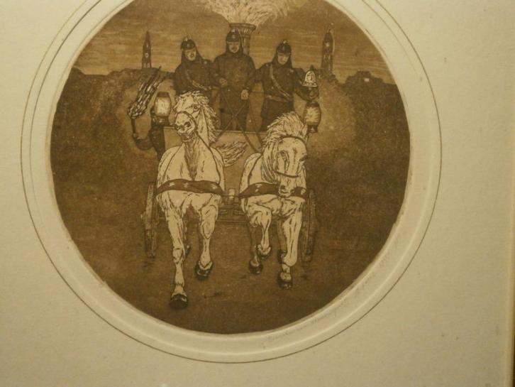 Lichtbr ets v/e Stoombrandspuit met mensen, Antiek en Kunst, Kunst | Etsen en Gravures, Ophalen