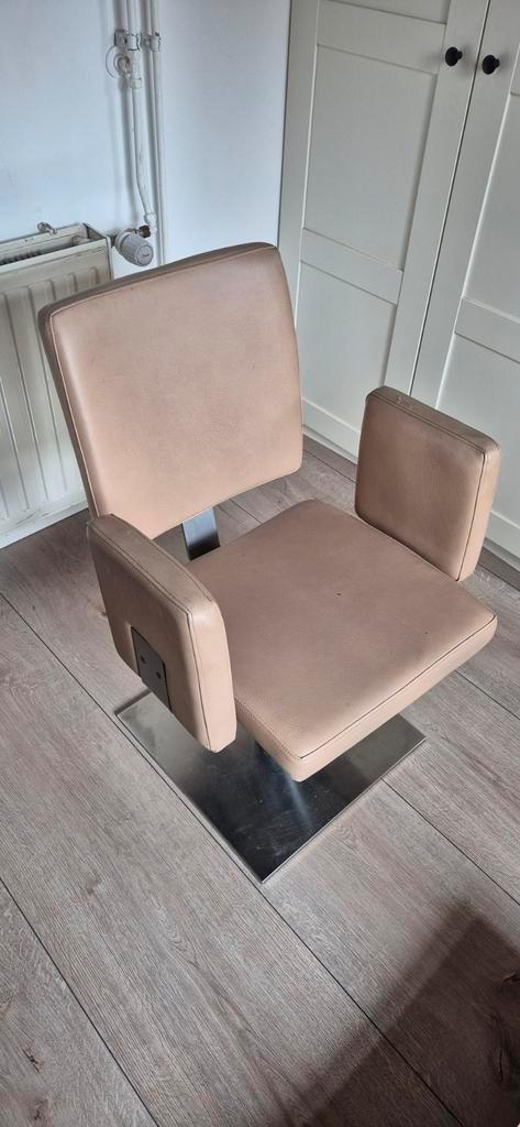 Kapperstoel (3) leer beige, Huis en Inrichting, Stoelen, Gebruikt, Eén, Leer, Ophalen