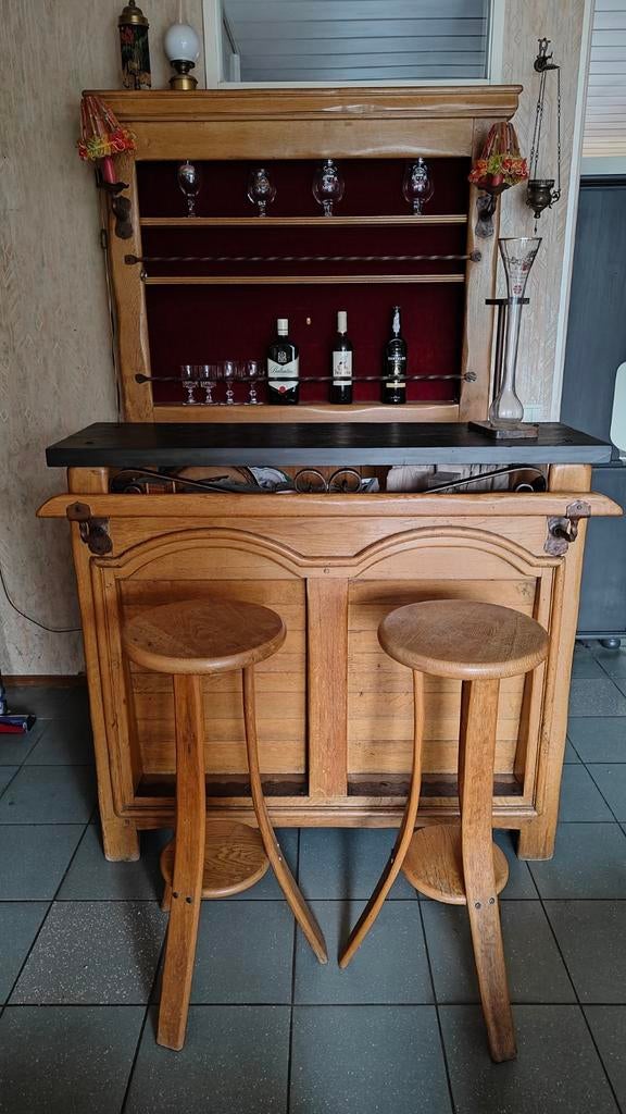 Massief eikenhouten bar met leistenen plaat+twee krukken, Ophalen, Zo goed als nieuw, 25 tot 50 cm, 50 tot 100 cm