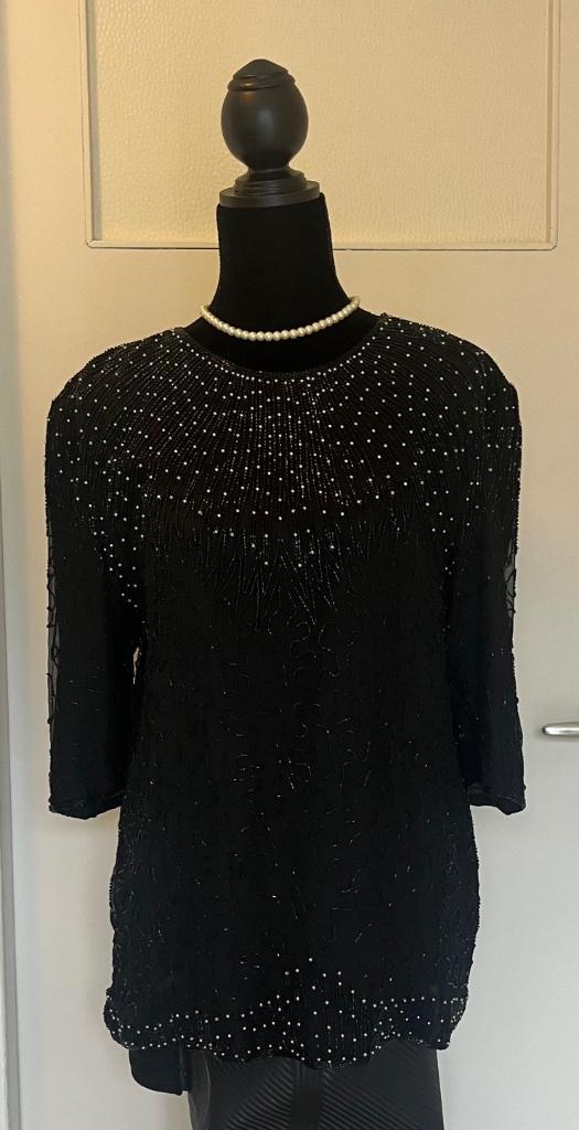 Vintage zwarte zijden kralentop maat xl 42, Kleding | Dames, Blouses en Tunieken, Gedragen, Maat 38/40 (M), Zwart, Verzenden