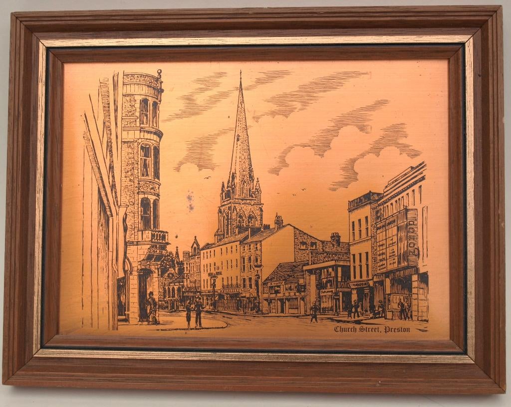 Koperen geëtste plaat - Crurch Street Preston UK, Antiek en Kunst, Kunst | Etsen en Gravures, Ophalen of Verzenden