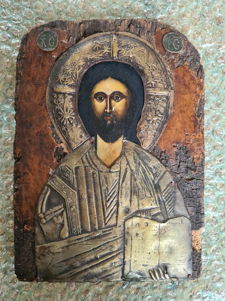 Icoon Jezus Christus Pantocrator met metalen halo – 19e eeuw, Antiek en Kunst, Antiek | Religie, Ophalen
