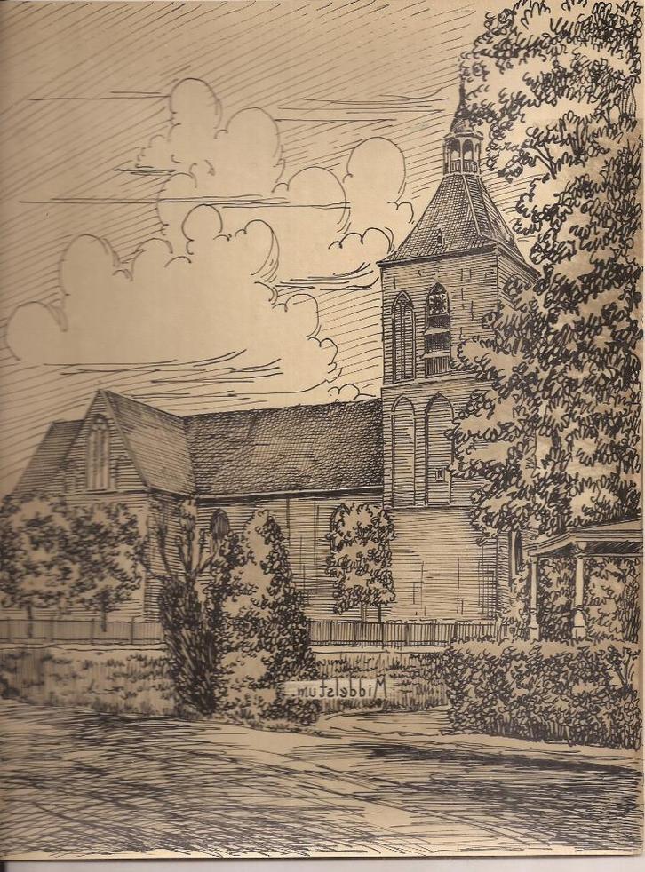 Middelstum Kerk Tekening Sievers 50 / 60er jaren, Antiek en Kunst, Kunst | Tekeningen en Foto's, Ophalen of Verzenden