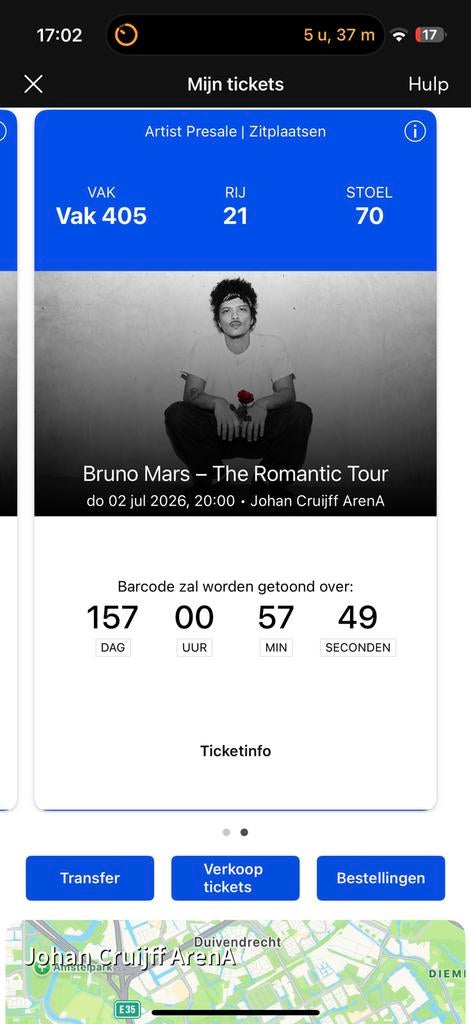 Bruno mars 2 tickets 2 juli vak 405 rij 21 stoel 69,70, Tickets en Kaartjes, Twee personen, Juli