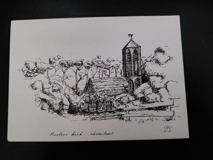 ansichtkaart, schets Nicolaas kerk in Westerland, gelopen, Verzamelen, Ansichtkaarten | Themakaarten, Gelopen, 1960 tot 1980, Gebouw