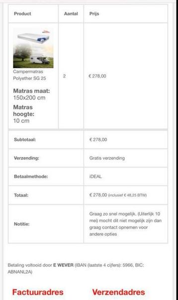 Campermatras 150x200 beschikbaar voor biedingen
