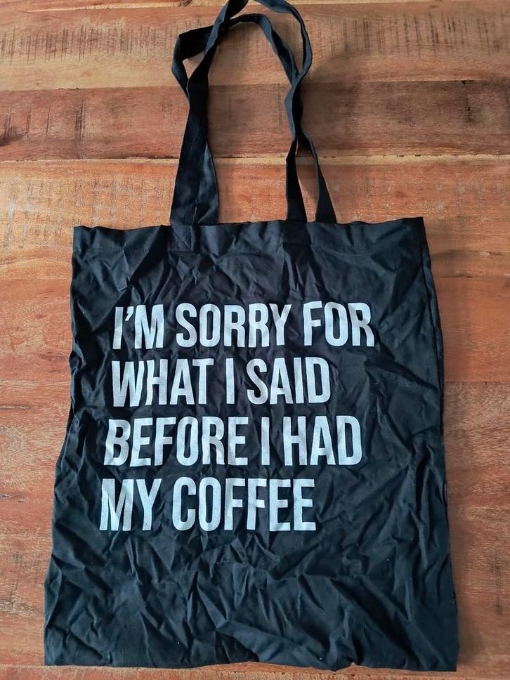 Zwarte Canvas Shopper - Koffie Quote, Sieraden, Tassen en Uiterlijk, Tassen | Damestassen, Gebruikt, Shopper, Zwart, Ophalen of Verzenden