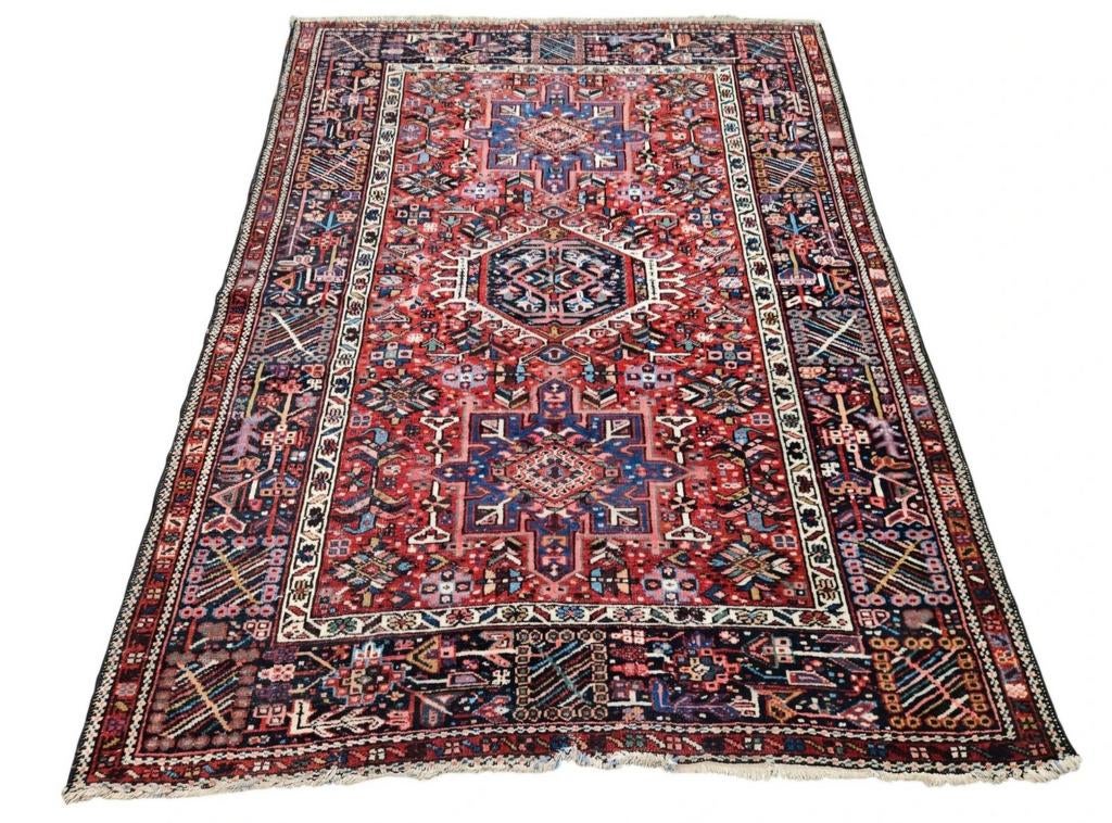 Handgeknoopt Perzisch wol Karaja tapijt medallions 145x195cm, Crème, Gebruikt, 100 tot 150 cm, Perzisch