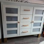 Witte commode met melkglas en houten grepen, Ophalen, Gebruikt, 50 tot 70 cm, 100 cm of meer