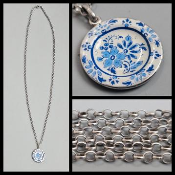 Antiek zilver,  zilveren jasseronketting met hanger, bordje  beschikbaar voor biedingen